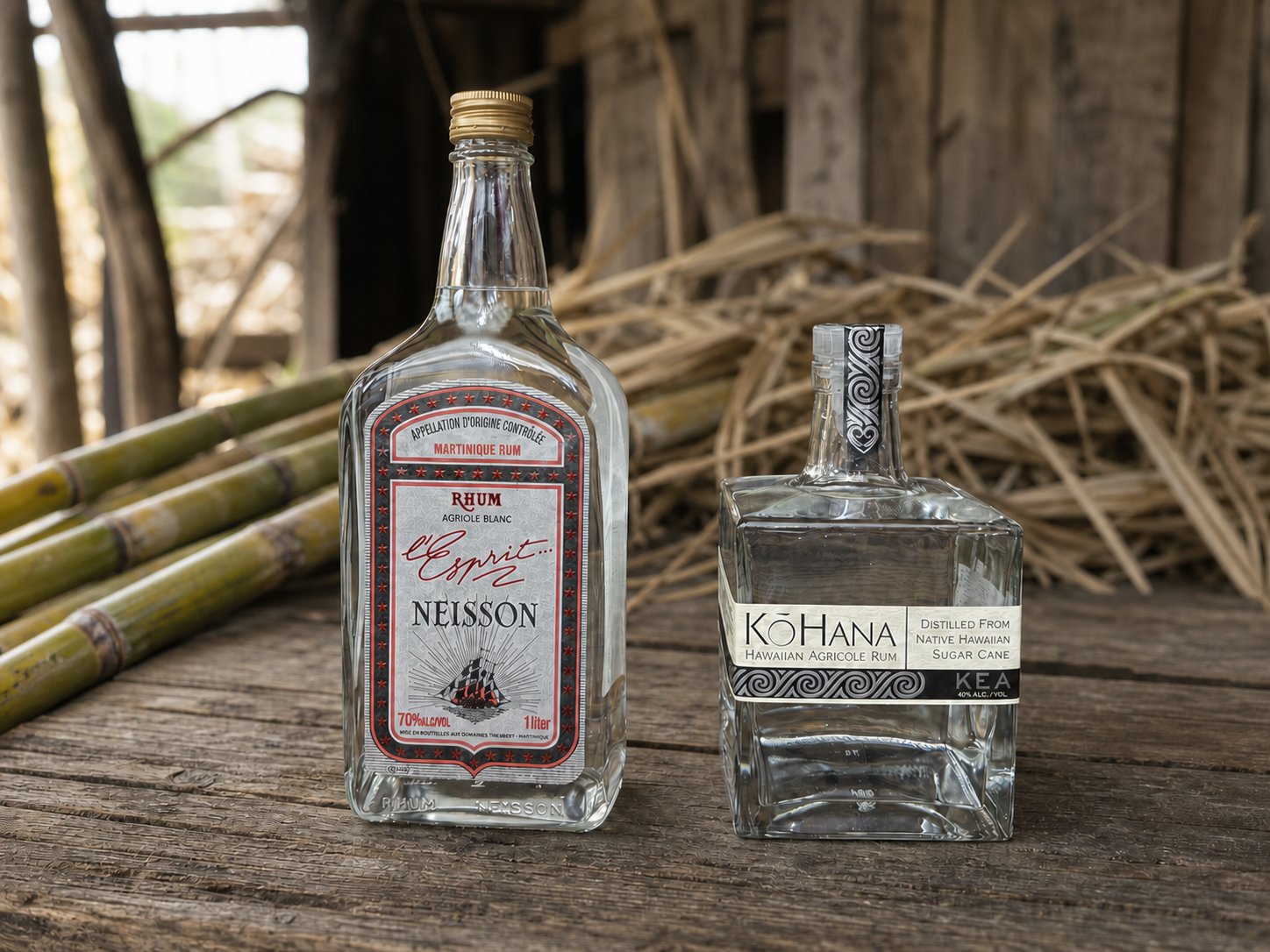 Neisson L'Esprit Blanc and Ko Hana Kea bottles side by side against a pale background