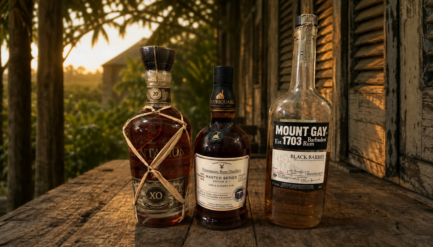 A Plantation XO, Foursquare Master Series, and Mount Gay Black Barrel on a wooden porch at sunset