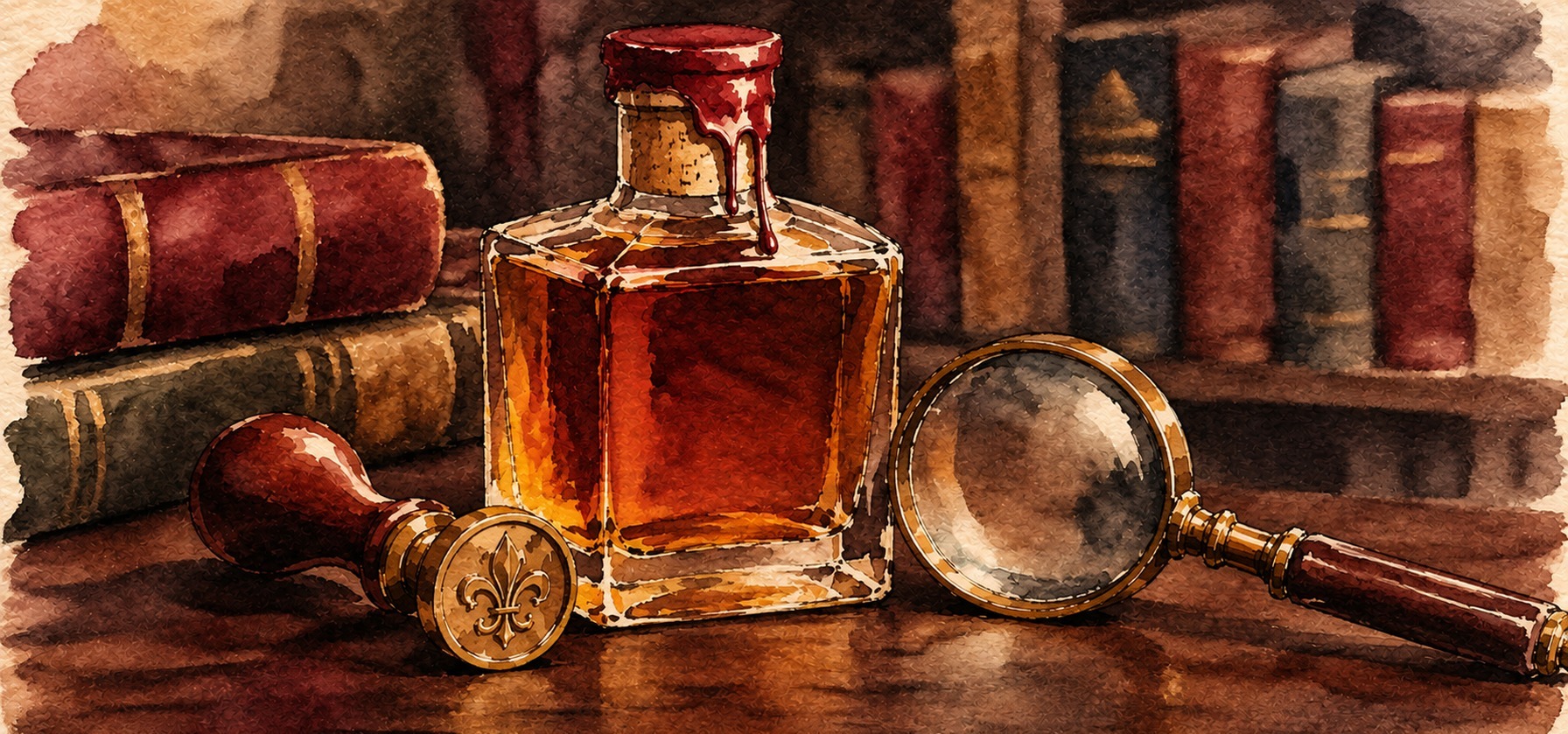 Watercolor illustration of a wax-sealed whiskey decanter beside a wax seal stamp and a magnifying glass, with leather-bound law books in the background