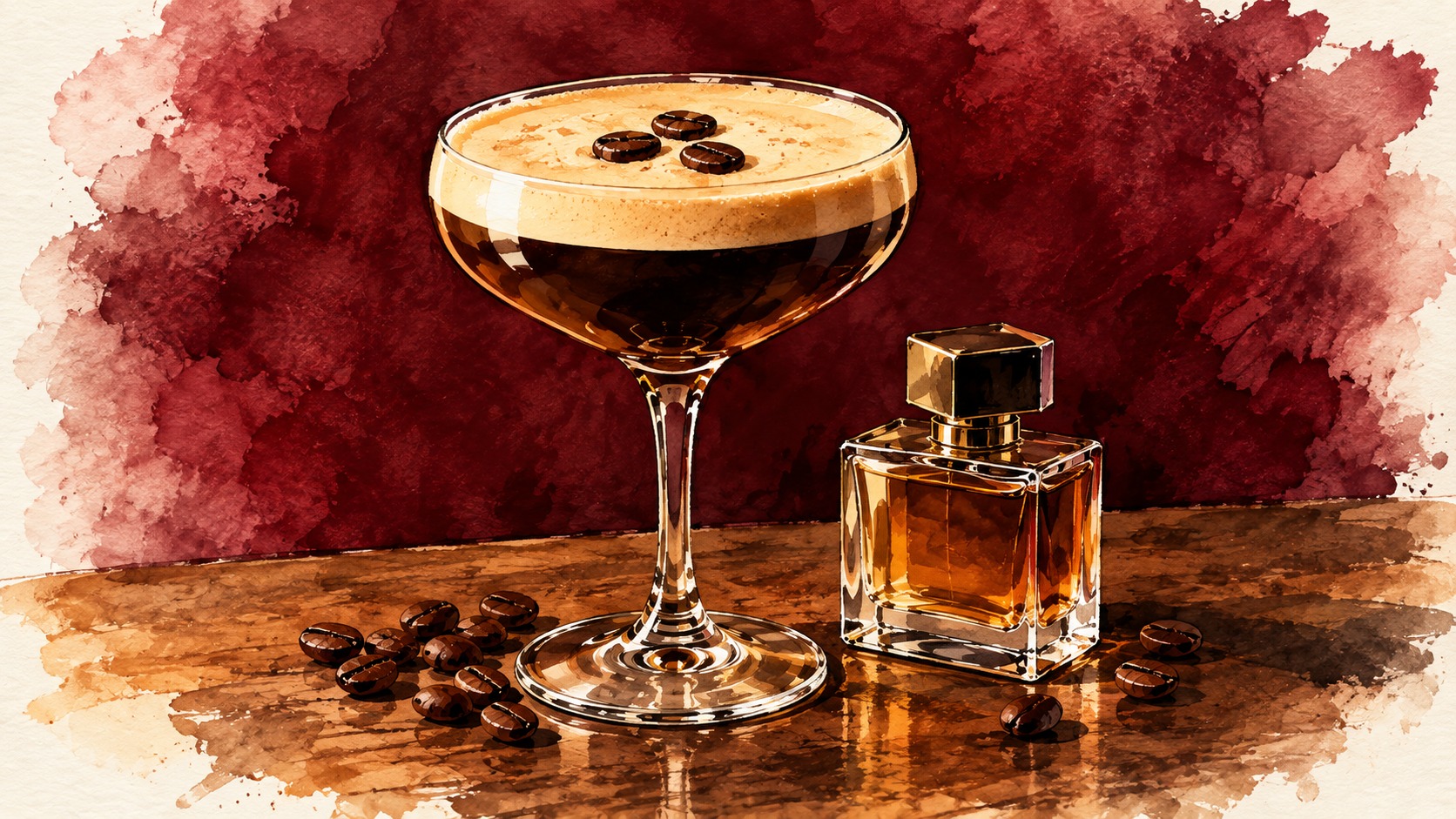 Watercolor illustration of an espresso martini in a stemmed coupe with a thick foam head and coffee beans, beside a perfume bottle