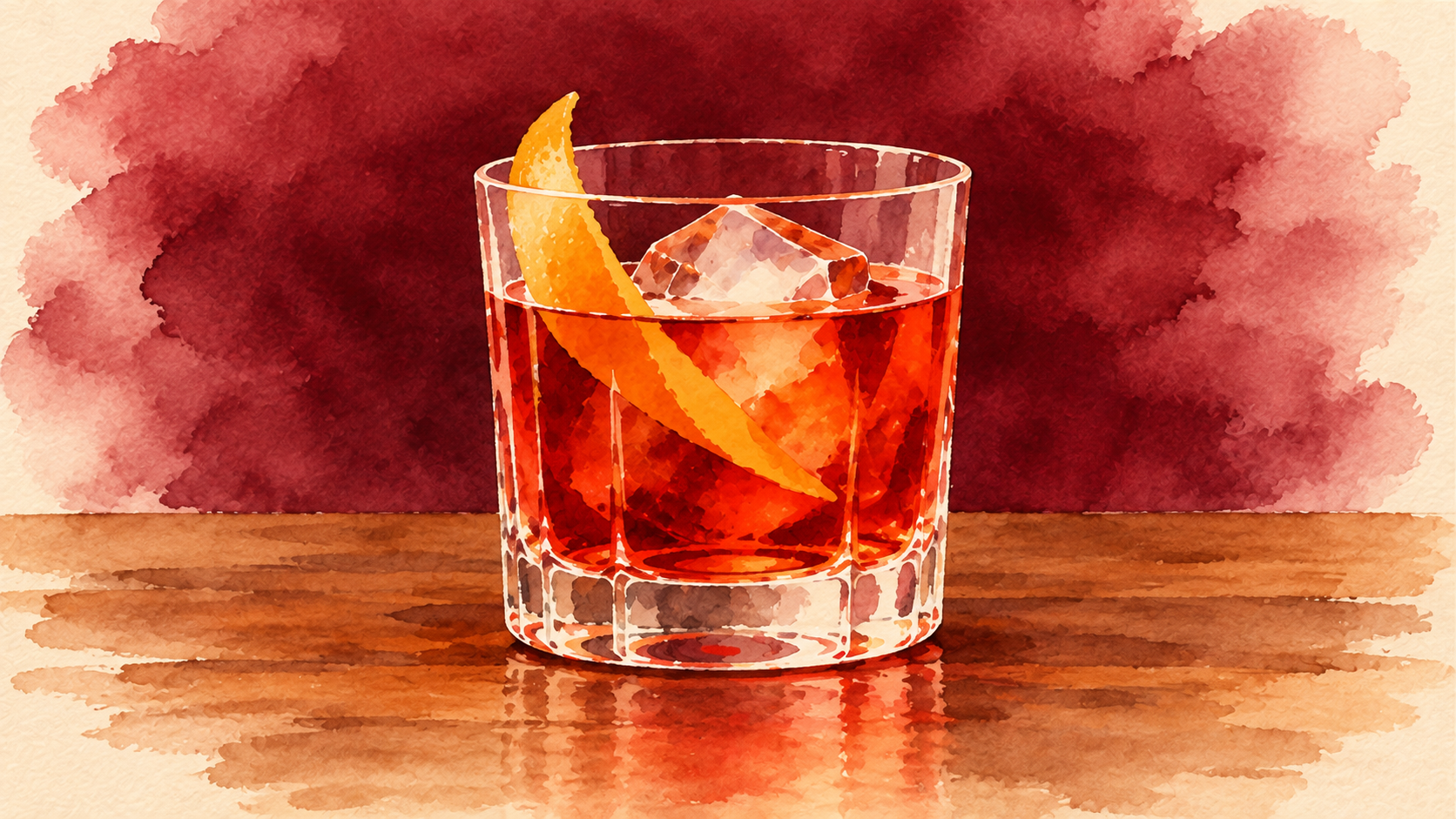 Watercolor illustration of a finished Negroni cocktail with an orange peel garnish next to the gin, Campari, and sweet vermouth bottles that built it