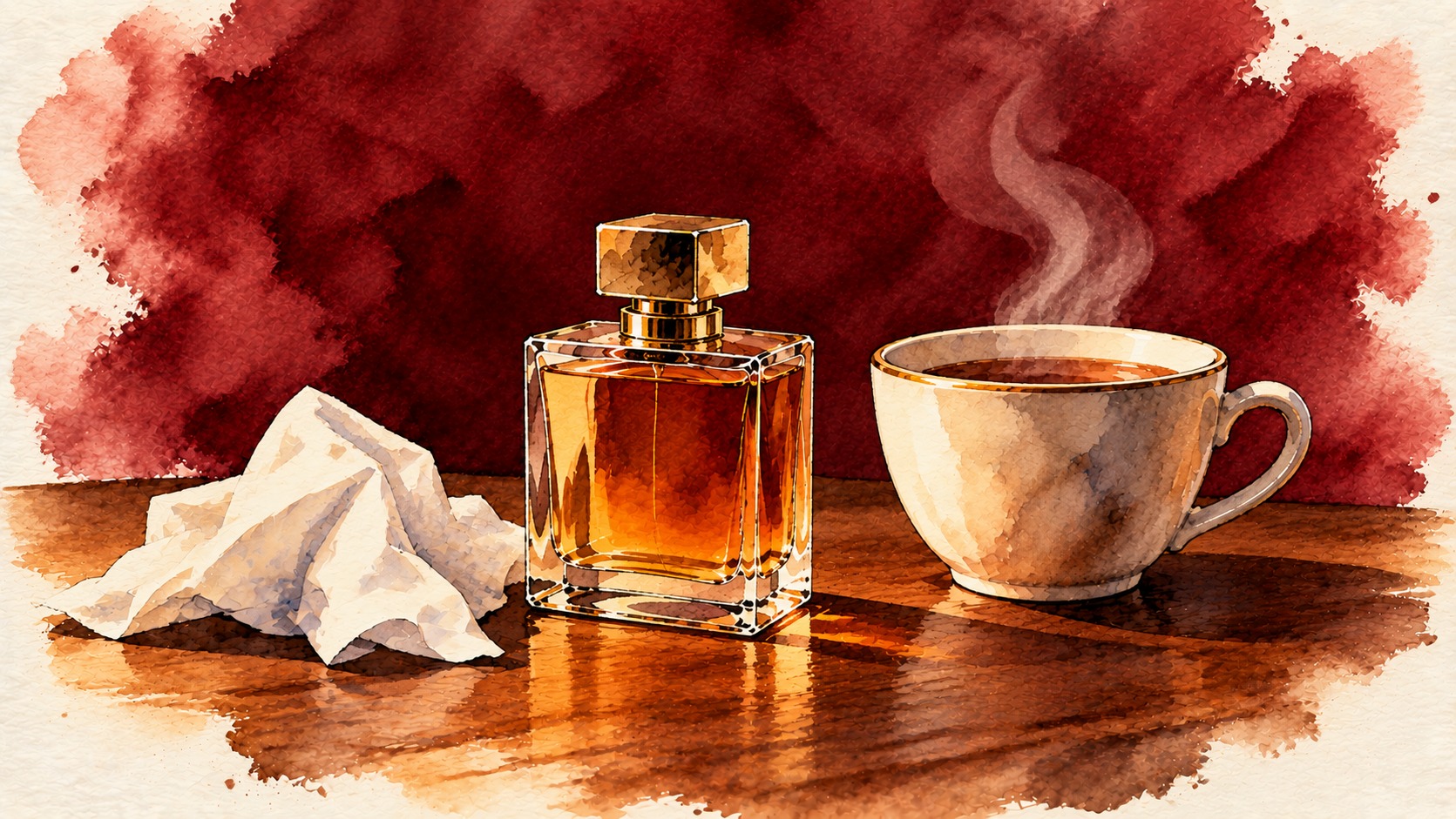 Watercolor illustration of a perfume bottle beside a crumpled tissue and a steaming cup of tea on a wood table, against a burgundy wash background