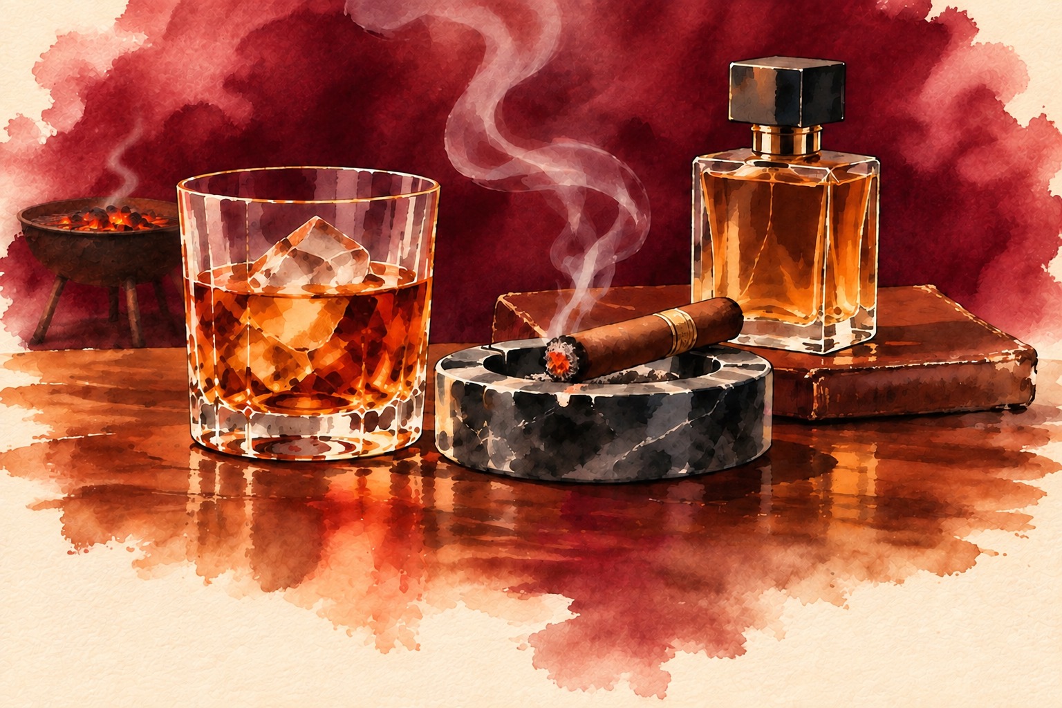 Watercolor illustration of a lit braai fire pit in the background beside a whisky glass, a lit cigar resting in an ashtray with smoke curling upward, and a perfume bottle