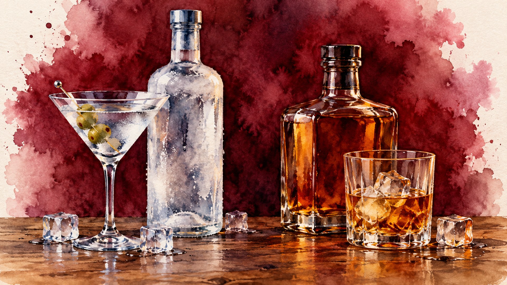 Watercolor illustration of a frosted vodka bottle and a chilled glass beside a bourbon bottle and a rocks glass