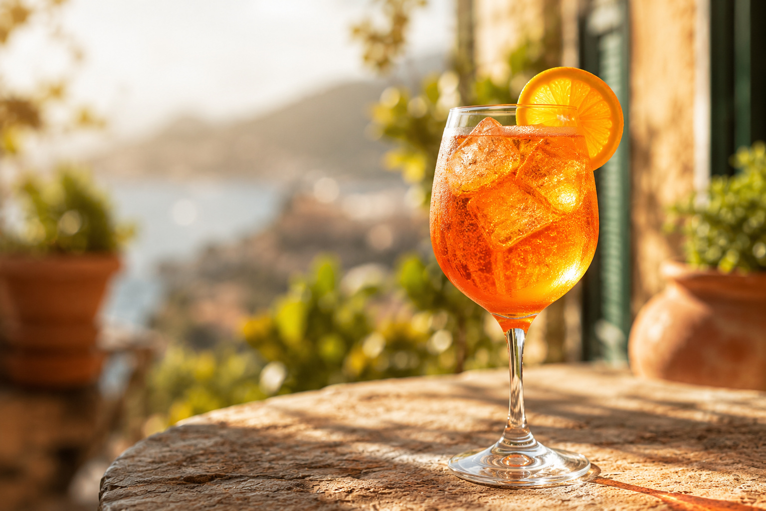 A single Aperol Spritz in a large stemmed wine glass on a sunny Mediterranean terrace