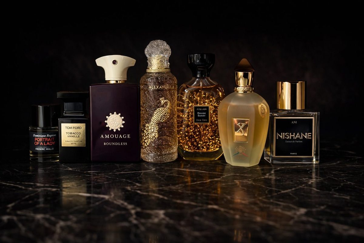 Seven niche fragrance bottles on a dark marble surface including Frederic Malle, Tom Ford, Amouage, Alexandre J, Atelier des Ors, Xerjoff and Nishane
