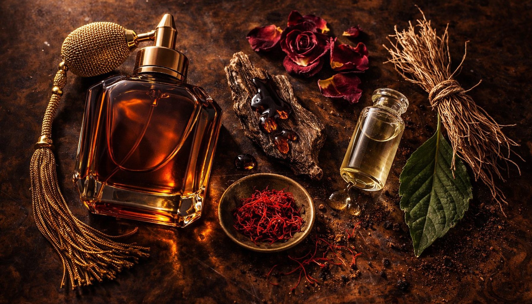 Luxury flat lay of perfume ingredients including oud wood, rose petals, saffron and vetiver roots