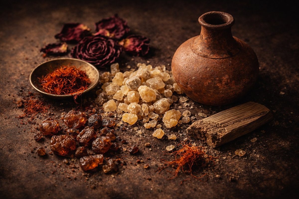 Ancient perfume ingredients including frankincense tears, myrrh resin, saffron, rose petals and a terracotta vessel