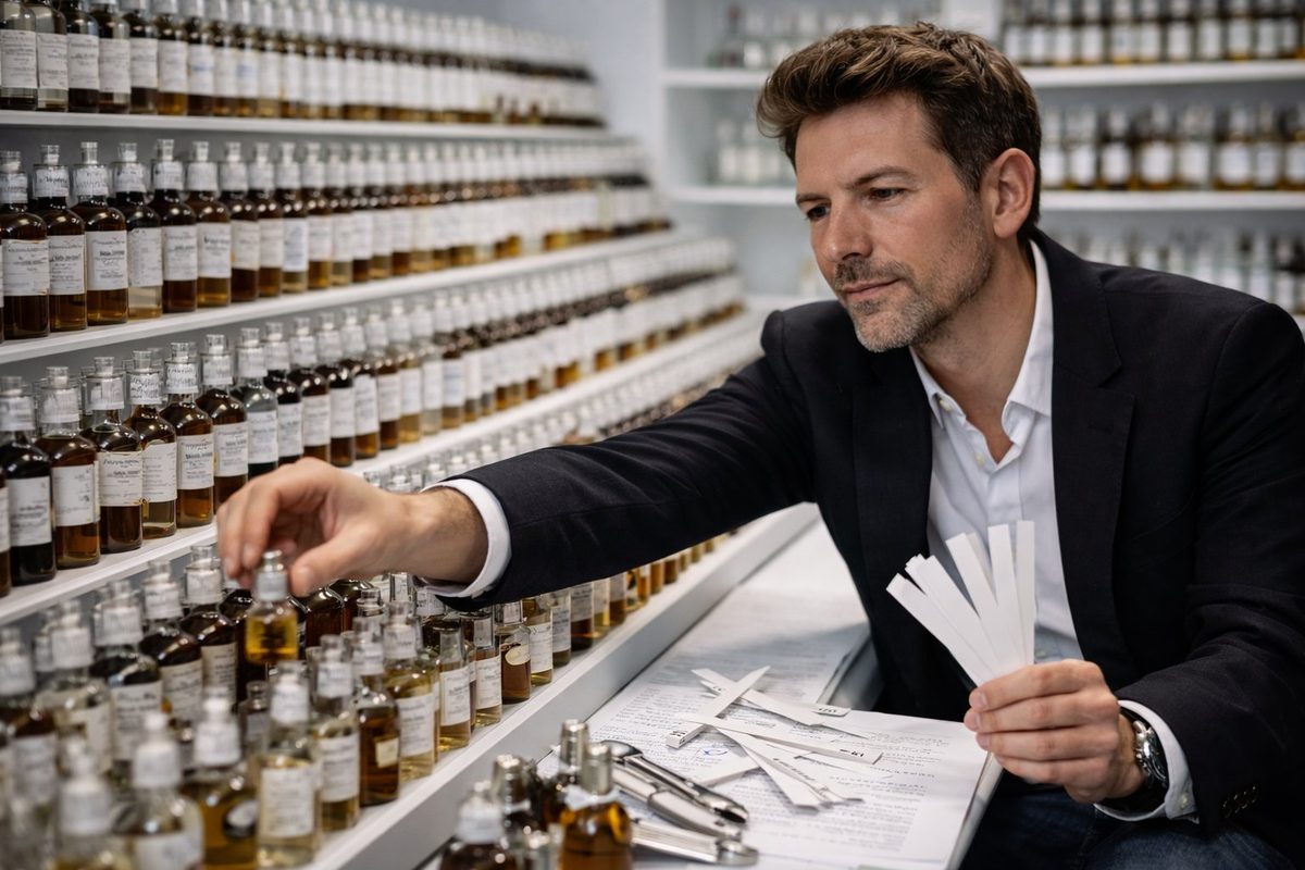 A perfumer reaching for a vial among hundreds of ingredient bottles on white shelves, holding scent strips
