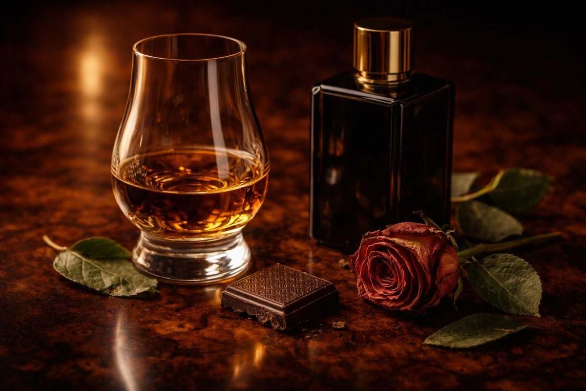 A Glencairn glass of whisky beside a dark perfume bottle with a rose and dark chocolate on a burl walnut surface