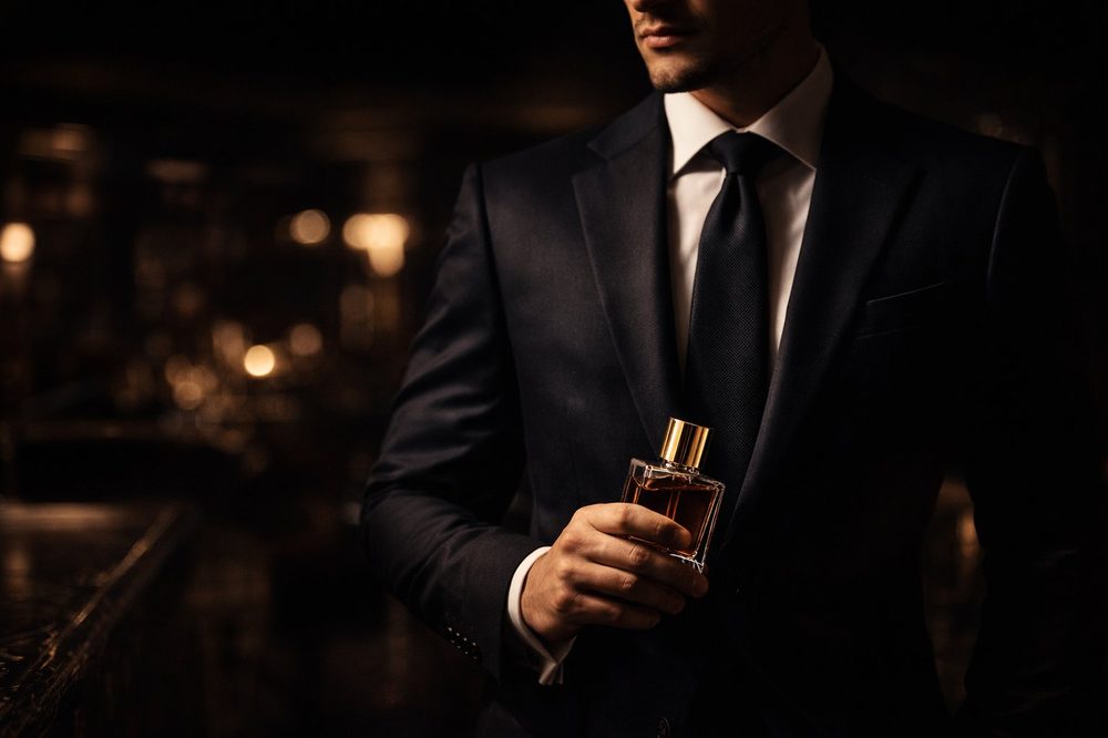 A well-dressed man in a dark suit holding a fragrance bottle