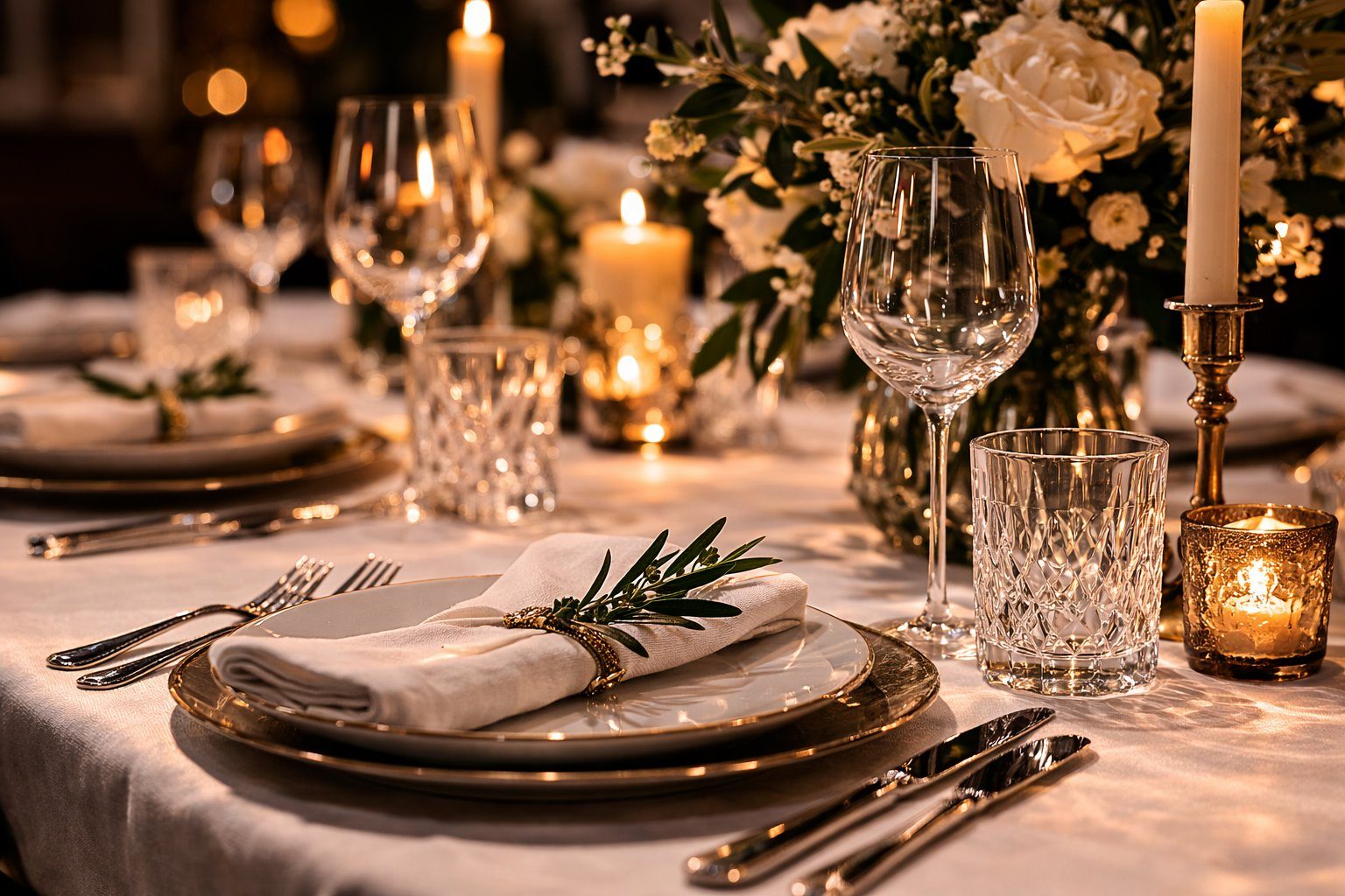 A beautifully set formal dinner table with white linen, crystal glasses and candles