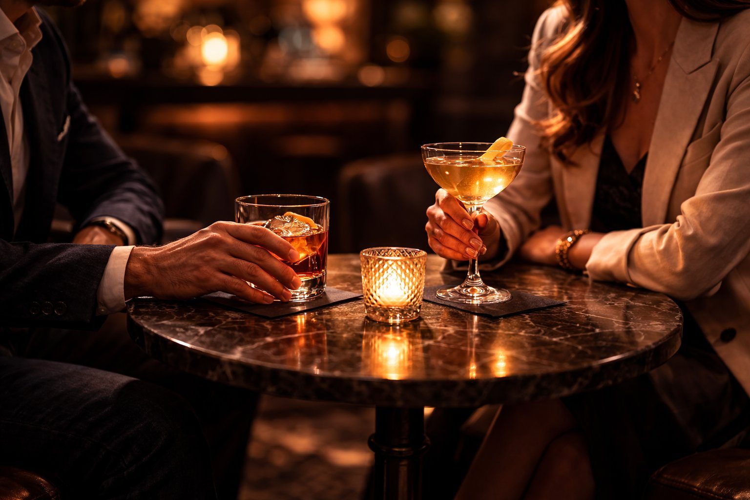 Two people sitting across from each other at a bar engaged in conversation with drinks