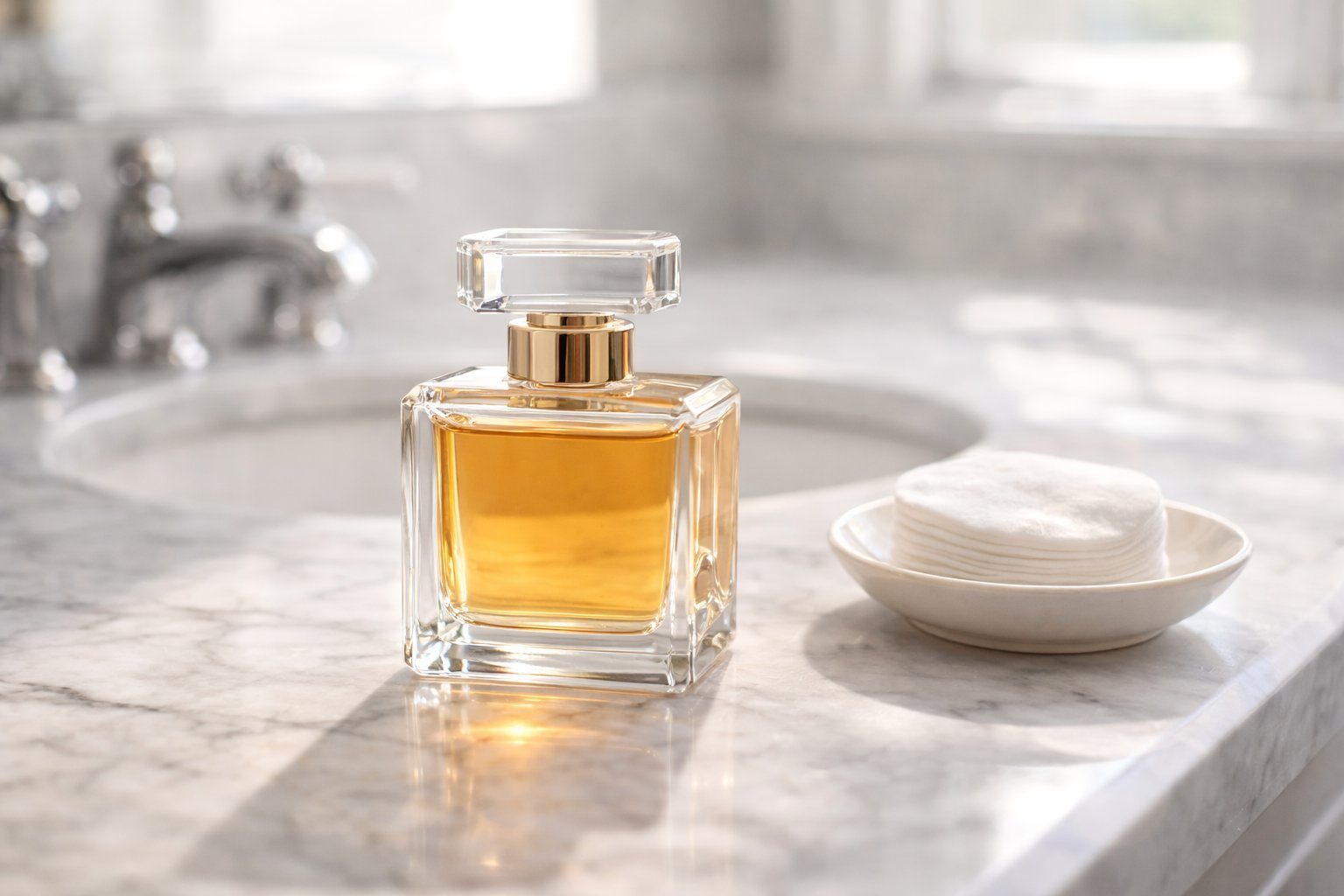 A perfume bottle on a white marble bathroom counter with soft morning light
