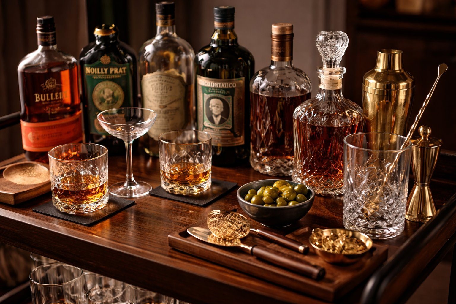A well-stocked home bar cart with bottles, glassware and bar tools on a dark walnut surface