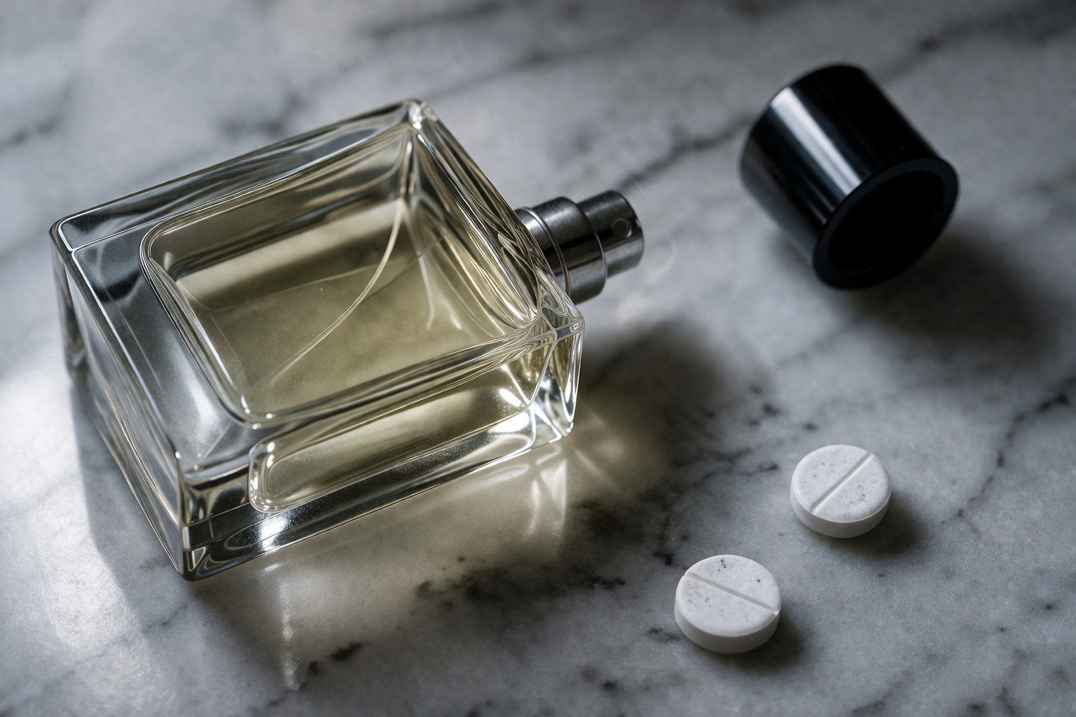 A perfume bottle on its side on white marble with the cap removed and two aspirin tablets nearby