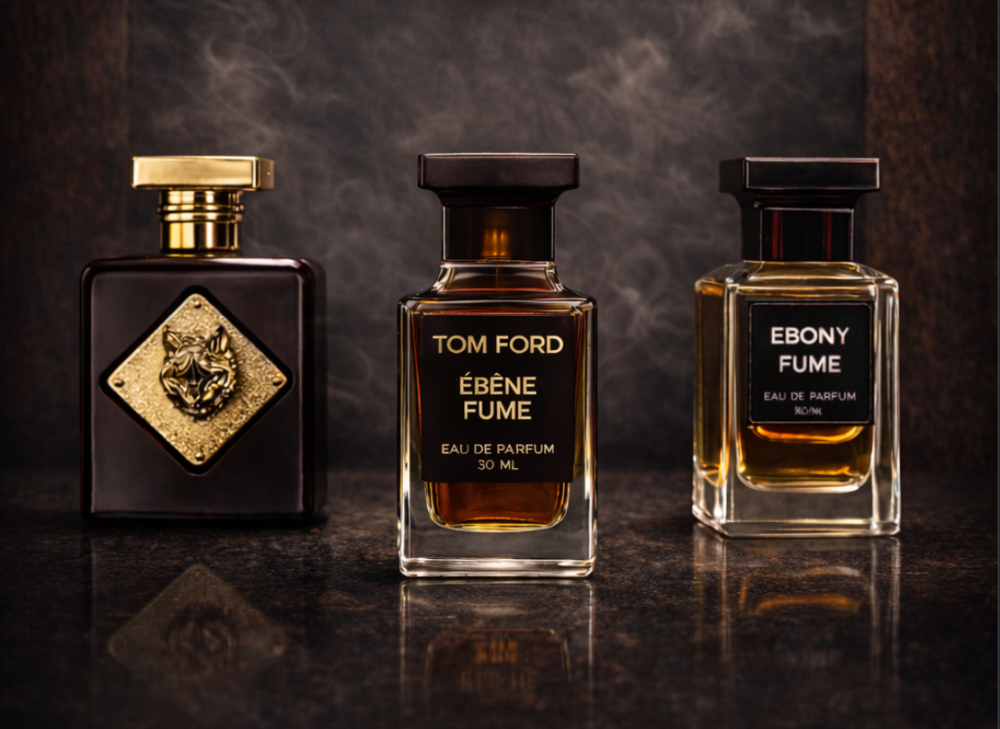 Tom Ford Ebene Fume flanked by two clone fragrances in similar dark bottles, photographed on a dark stone surface with dramatic side lighting
