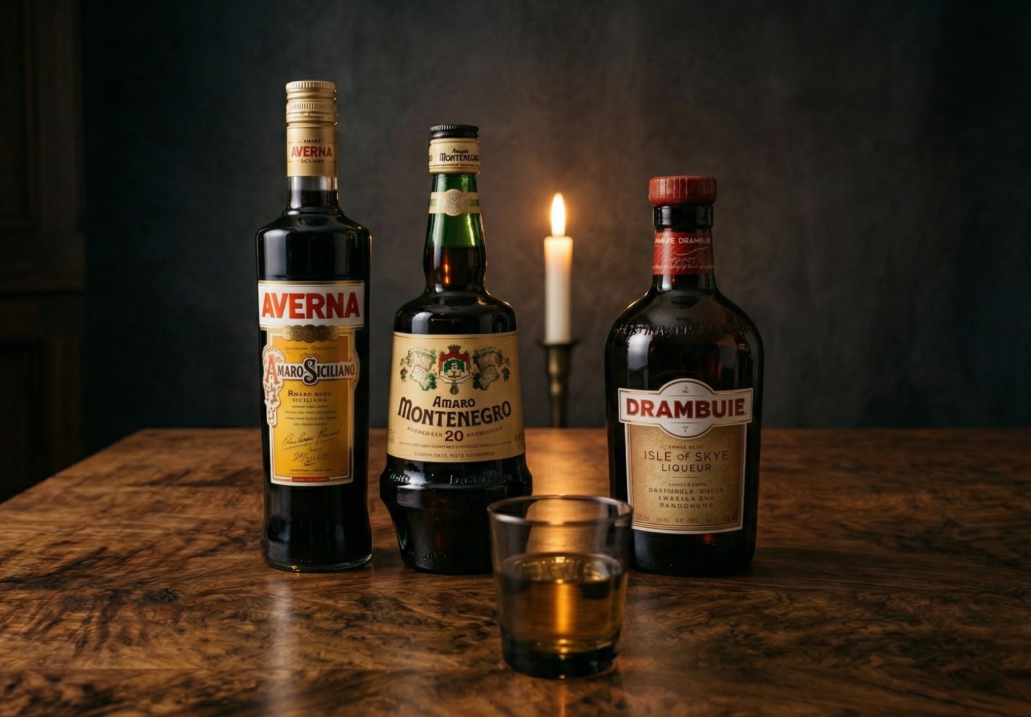 Averna, Amaro Montenegro and Drambuie lined up on a dark surface with candlelight