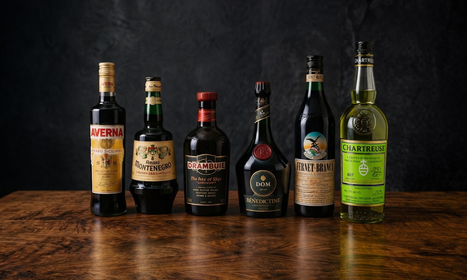 Six digestif bottles arranged on a dark walnut surface with glassware, photographed at the SSS digestif evening