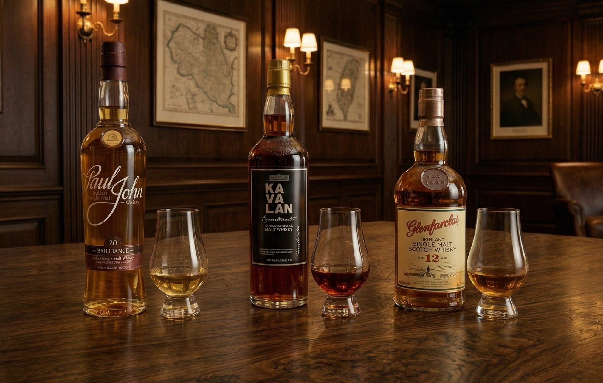 Paul John Brilliance, Kavalan Concertmaster and Glenfarclas 12 bottles on the tasting table at the Amateur Comedy Club