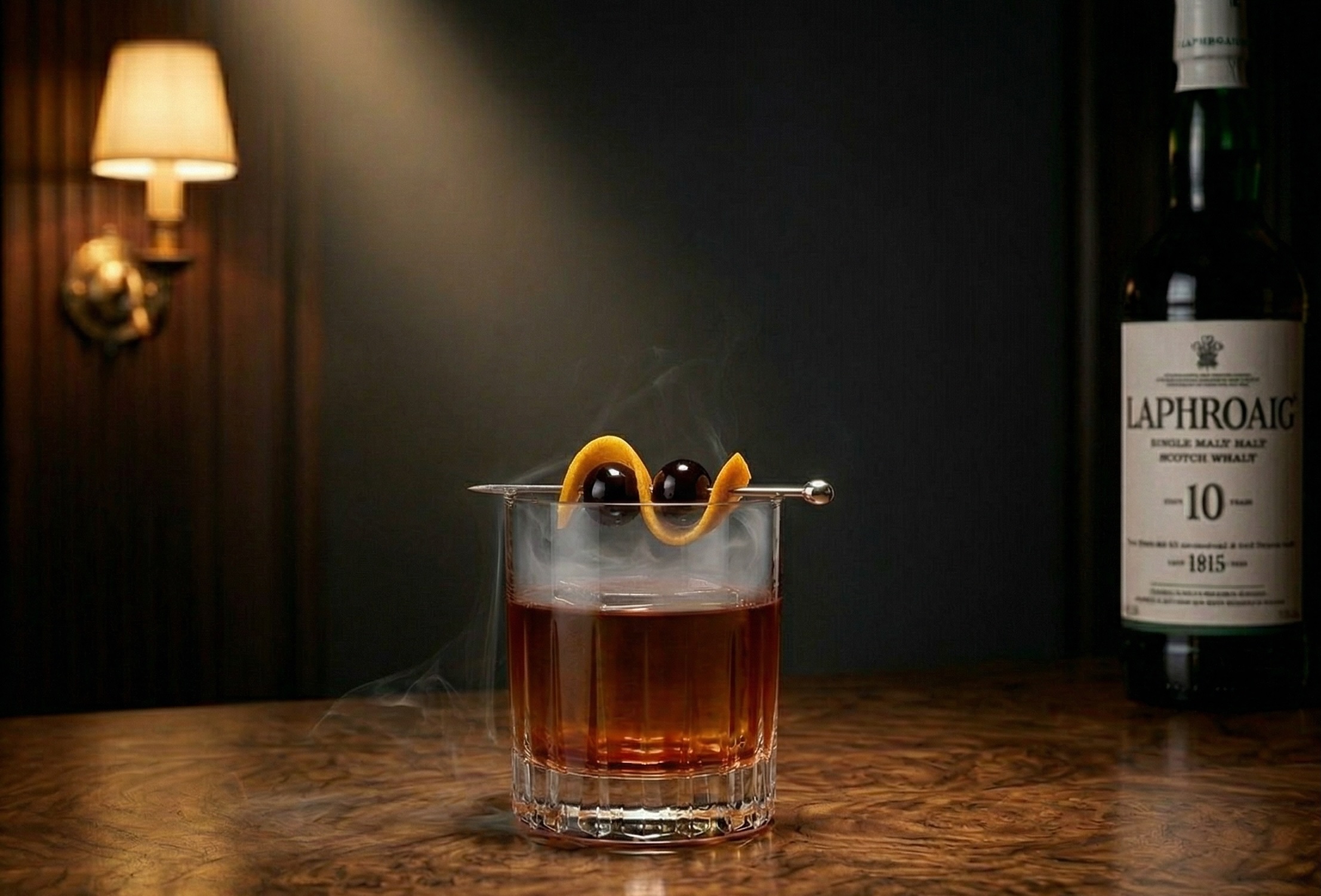 The Kannan cocktail in a rocks glass with two Angostura cherries, smoke visible, photographed at the Amateur Comedy Club