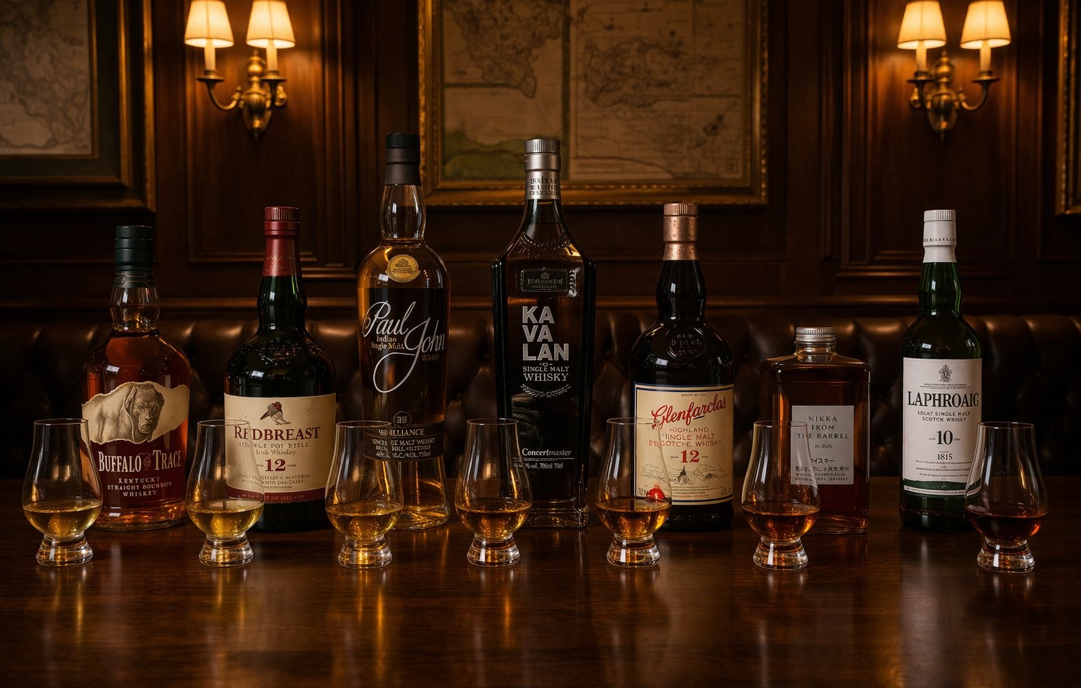Seven whisky glasses lined up on a wooden table at the Amateur Comedy Club, with bottles visible behind