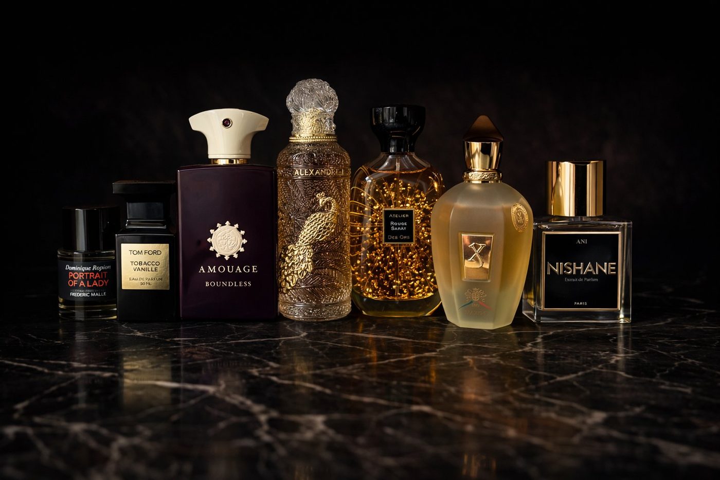 Seven luxury perfume bottles on a dark marble surface