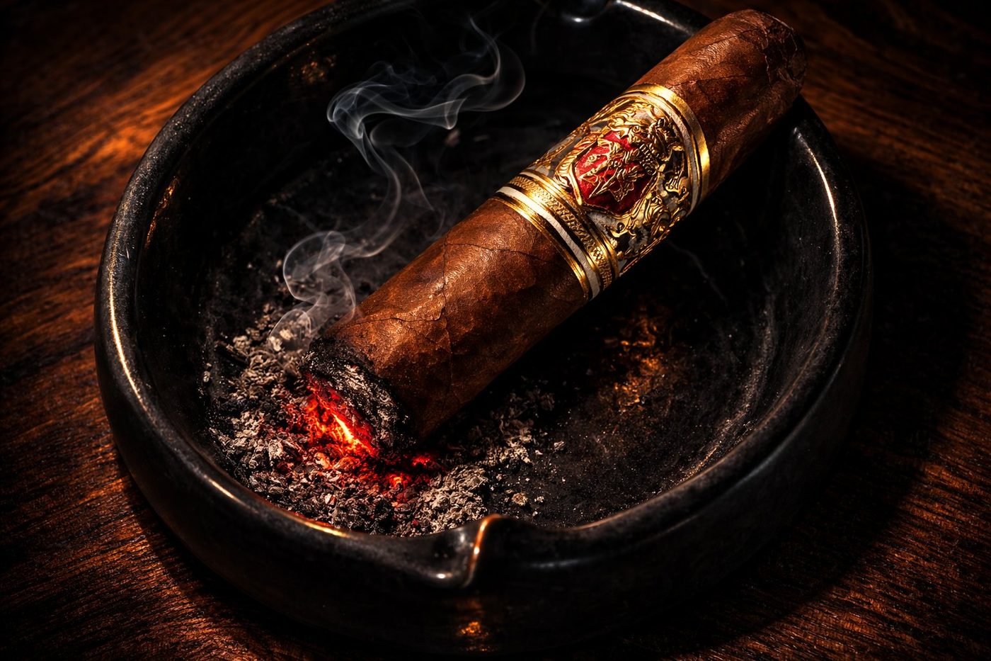 A lit premium cigar resting in a dark ashtray with glowing cherry and rising smoke