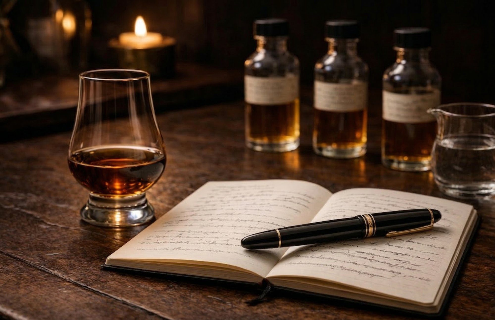 A whiskey tasting setup with a Glencairn glass, open tasting notebook, sample bottles and a water dropper on a dark oak table