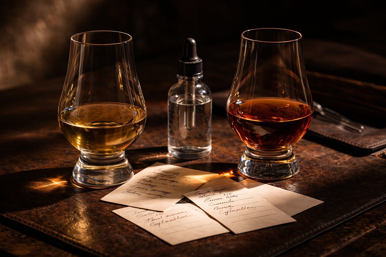 Two Glencairn glasses with pale gold and deep amber whiskeys, tasting note cards and a water dropper on a dark leather surface