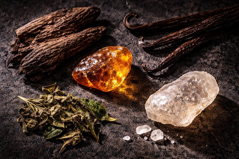 Oud wood, amber resin and vanilla pods representing base notes in perfumery