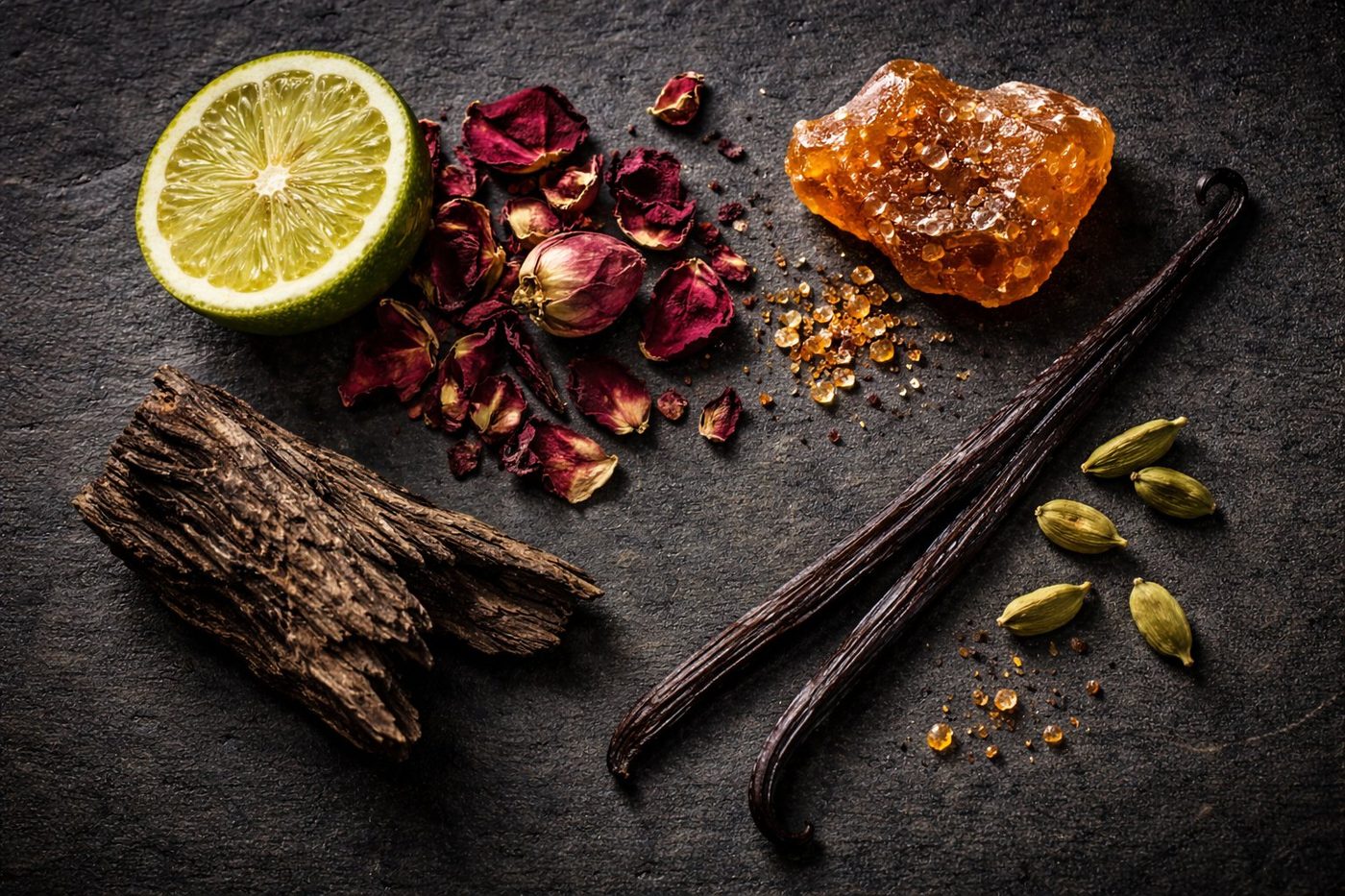 Raw perfume ingredients including oud wood, rose petals, amber resin, vanilla pods and cardamom on dark slate