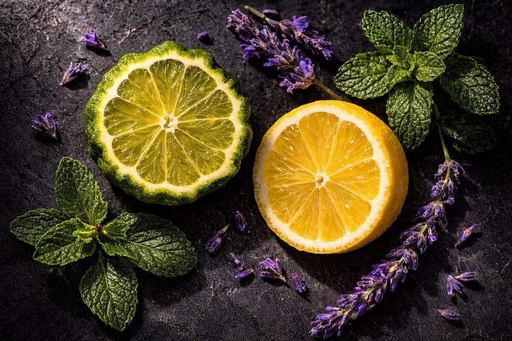 Fresh citrus and herb ingredients representing top notes in perfumery