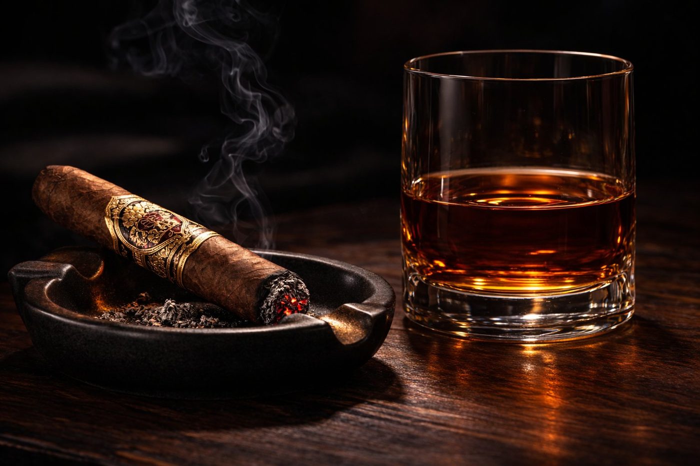 A lit cigar in an ashtray beside a crystal glass of amber whiskey on a dark wood surface