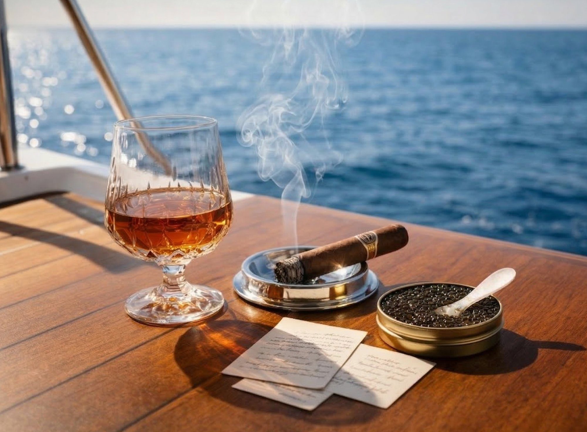 A crystal glass of cognac, a lit cigar in a silver ashtray, and an open tin of caviar on a teak yacht deck overlooking the sea