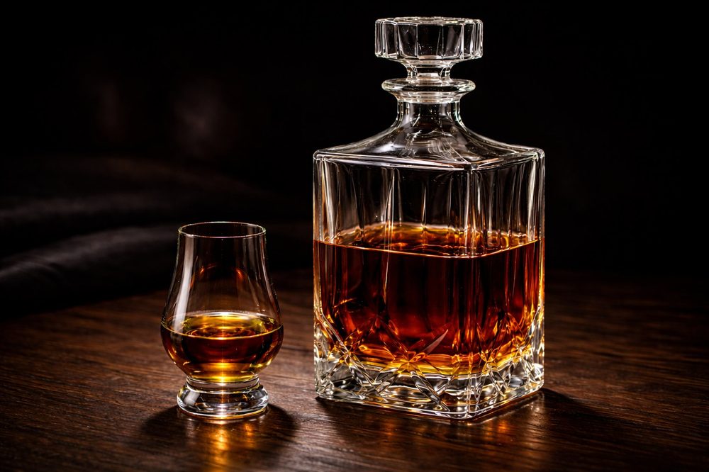 A Glencairn glass beside a crystal decanter filled with amber whiskey