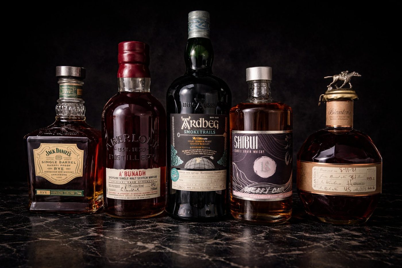 Five whiskey bottles on a dark marble surface