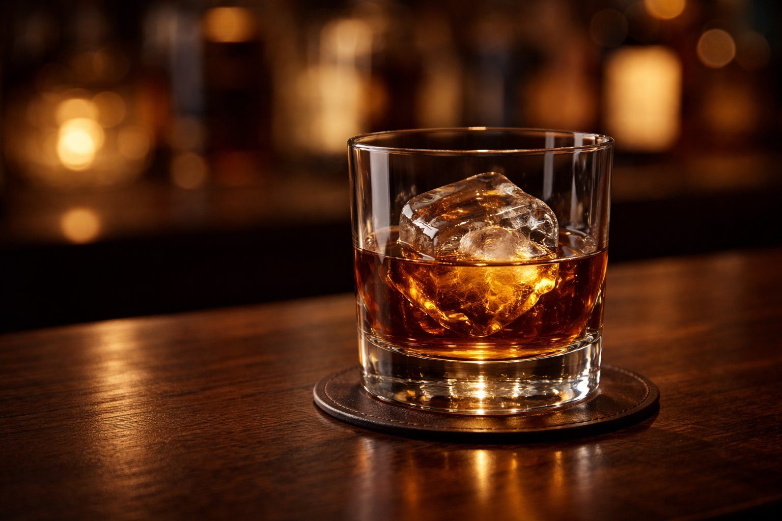 A glass of dark amber aged rum with a single large ice cube on a dark walnut bar top
