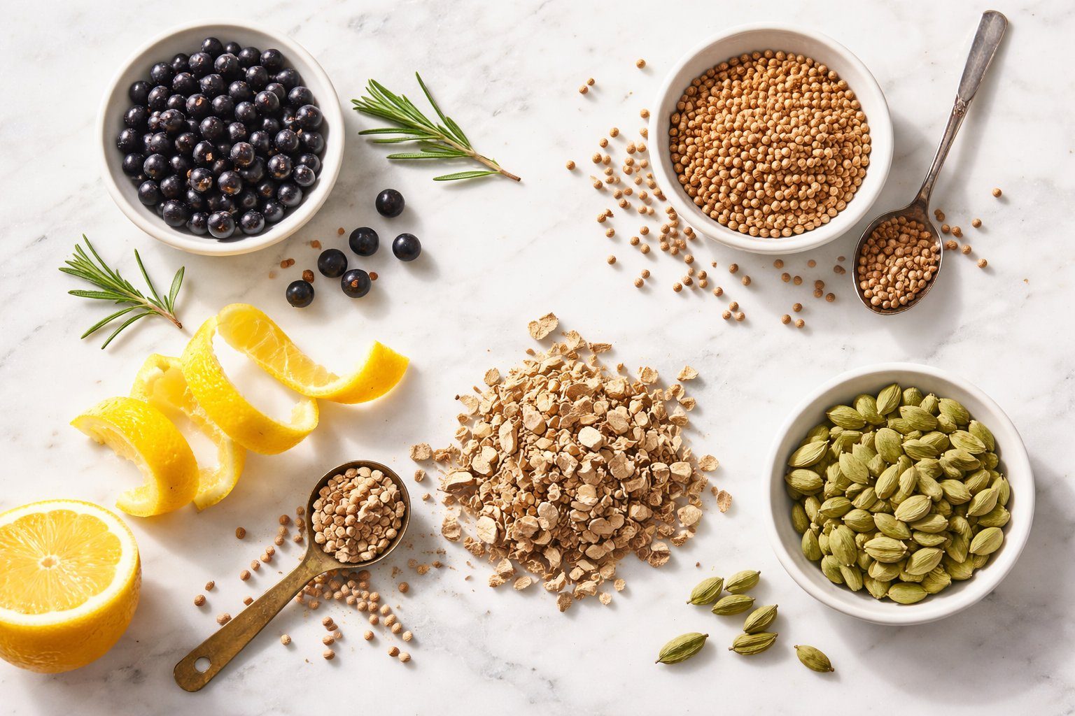 A flat lay of gin botanicals on a white marble surface