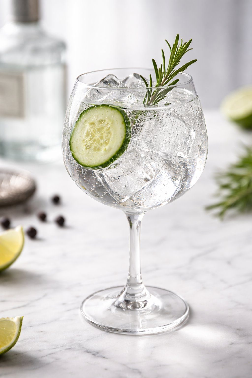 A gin and tonic in a large copa glass with ice, cucumber and rosemary