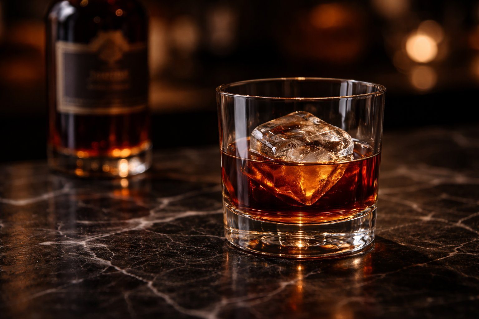 A glass of dark amaro with a single large ice cube on a dark marble surface
