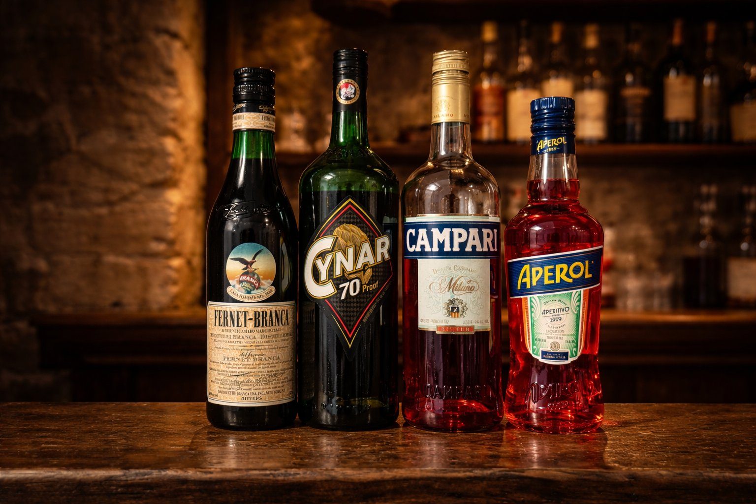 Fernet-Branca, Cynar 70, Campari and Aperol bottles in a rustic Roman bar setting