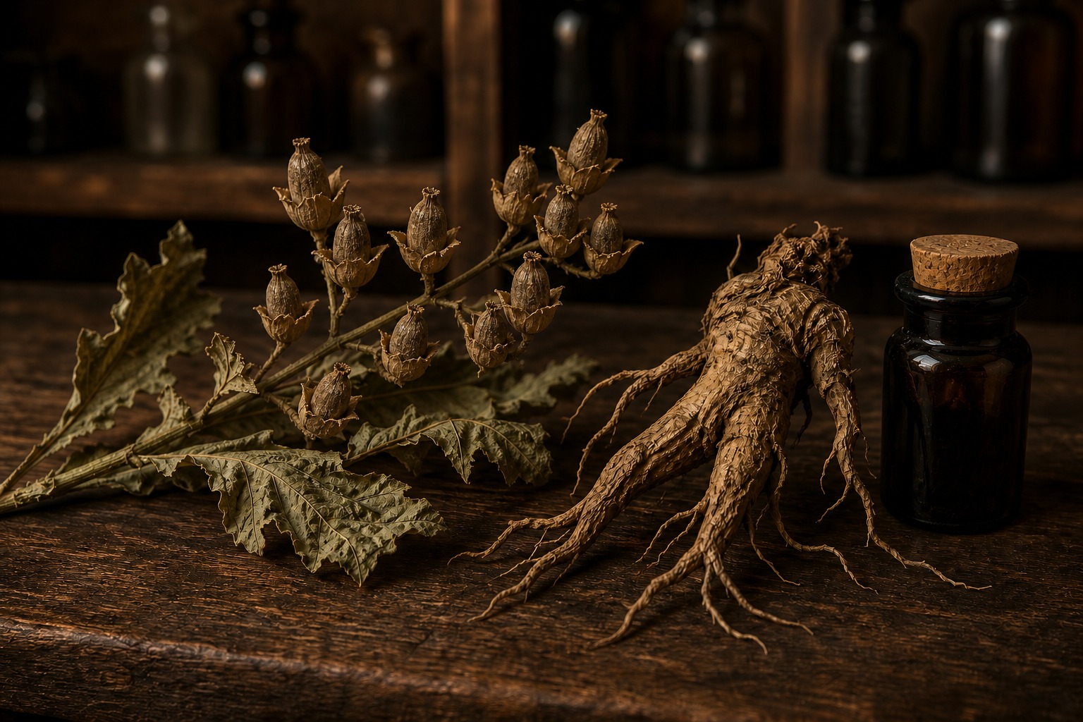 Dried mandrake root beside a dried seed-pod botanical and a small dark apothecary jar with a cork stopper