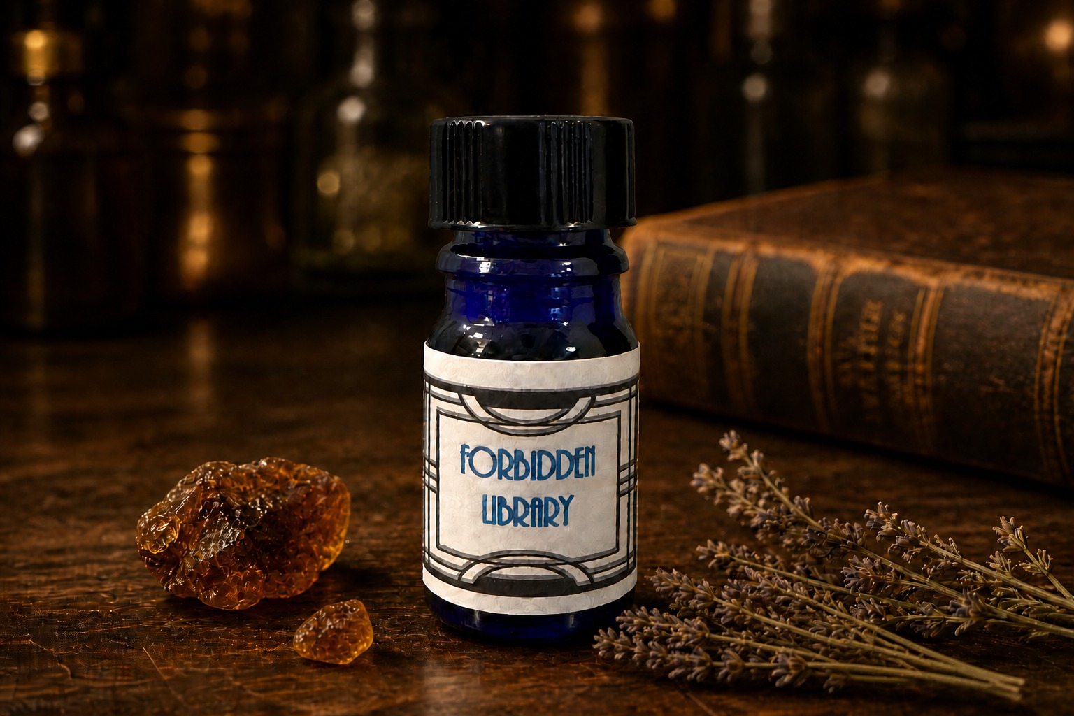 Nui Cobalt Forbidden Library perfume bottle on a dark apothecary shelf, a resin chunk and dried herb sprig nearby