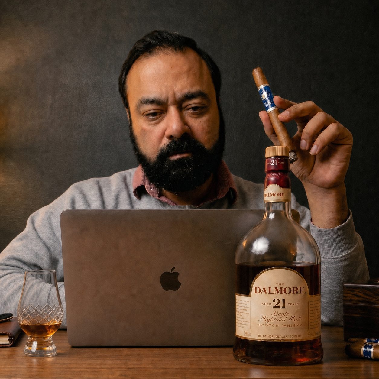 Gautam Kannan at his laptop with a cigar and a glass of The Dalmore 21
