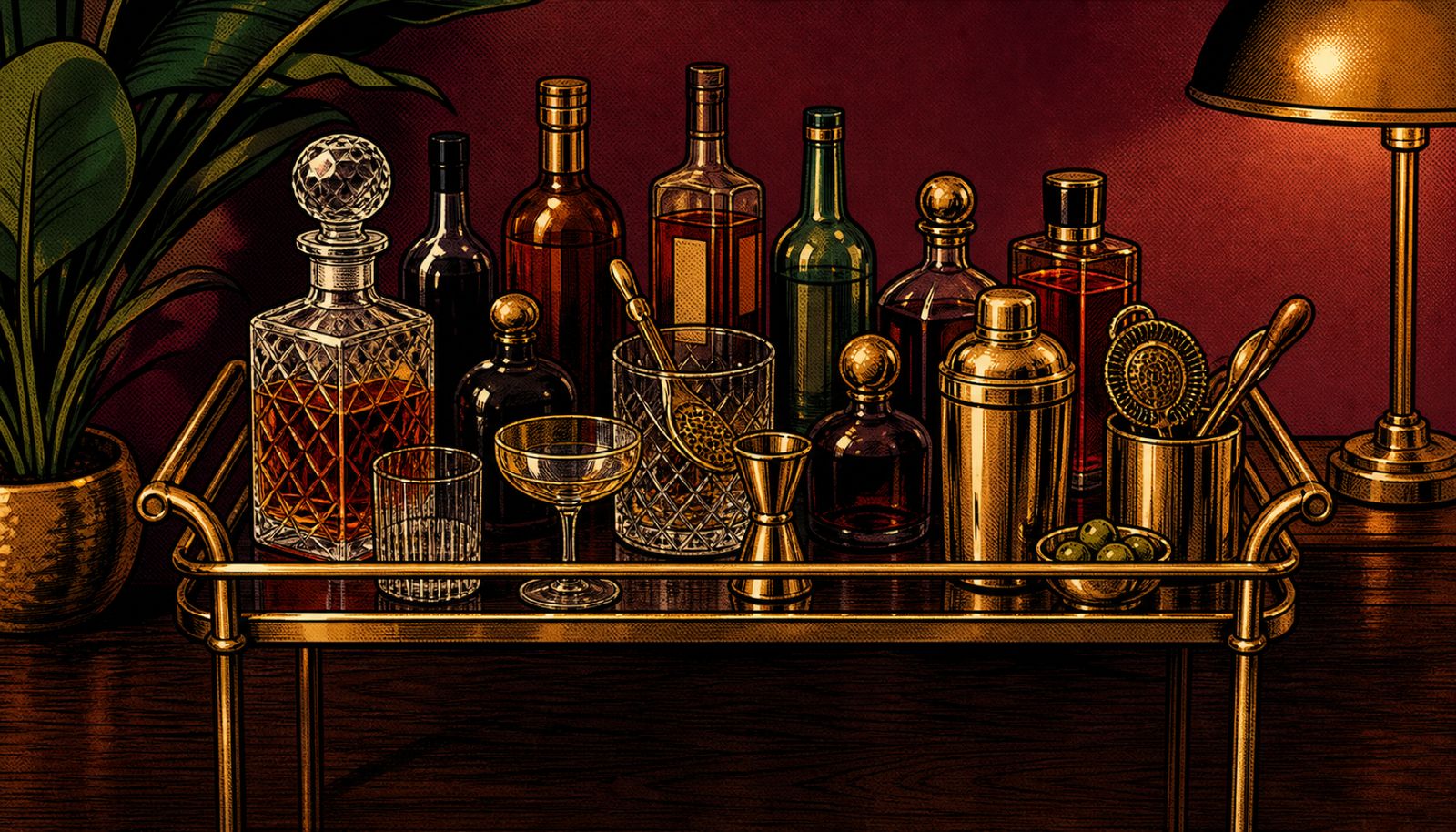 An illustration of a home bar setup