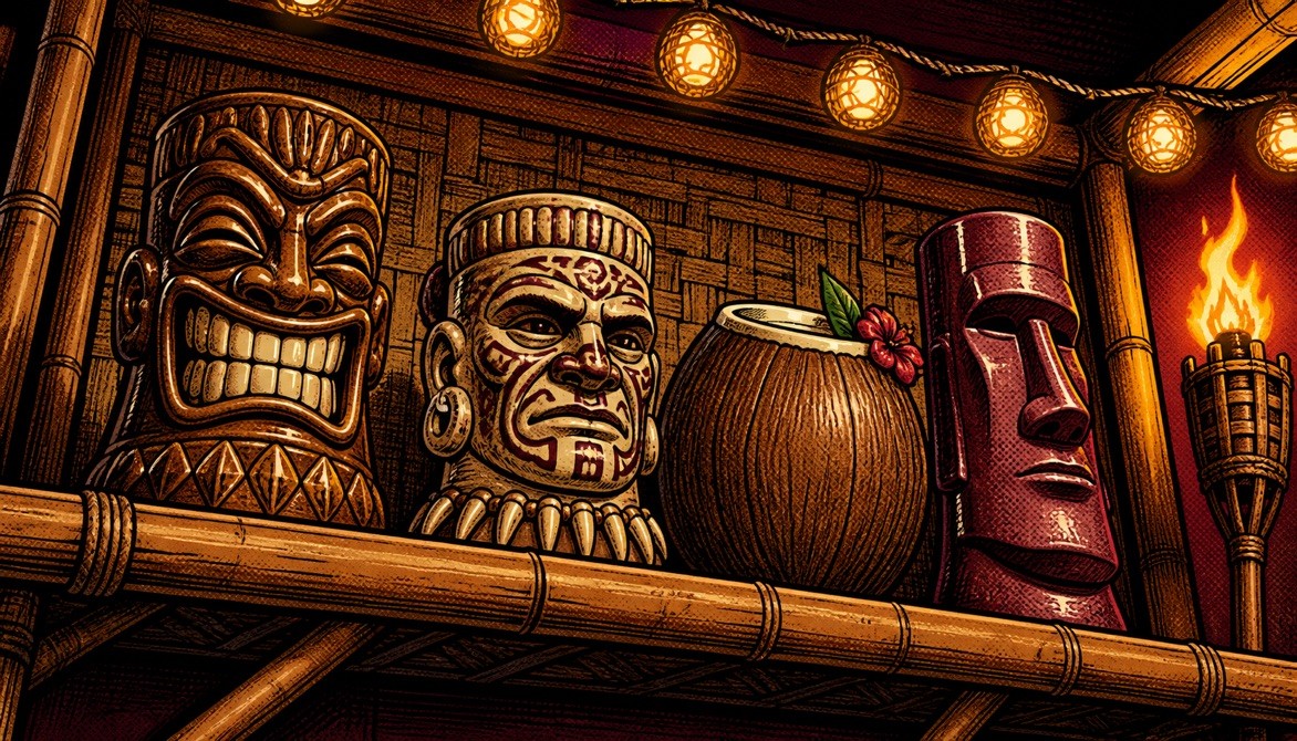 A comic-style illustration of tiki mugs, masks, and cocktail garnishes