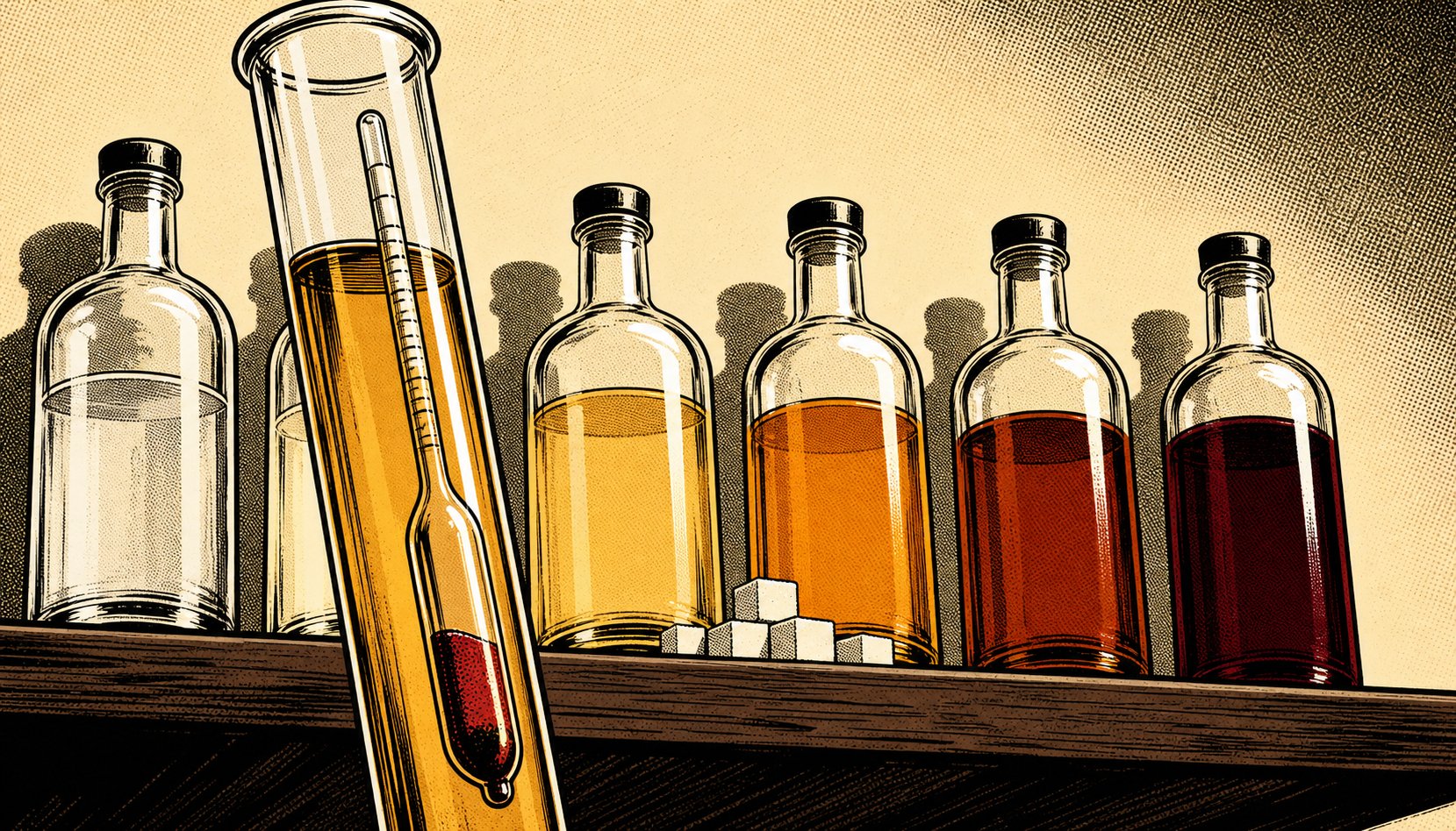 A comic-style illustration of a row of rum bottles, a hydrometer in a test tube, and scattered sugar cubes