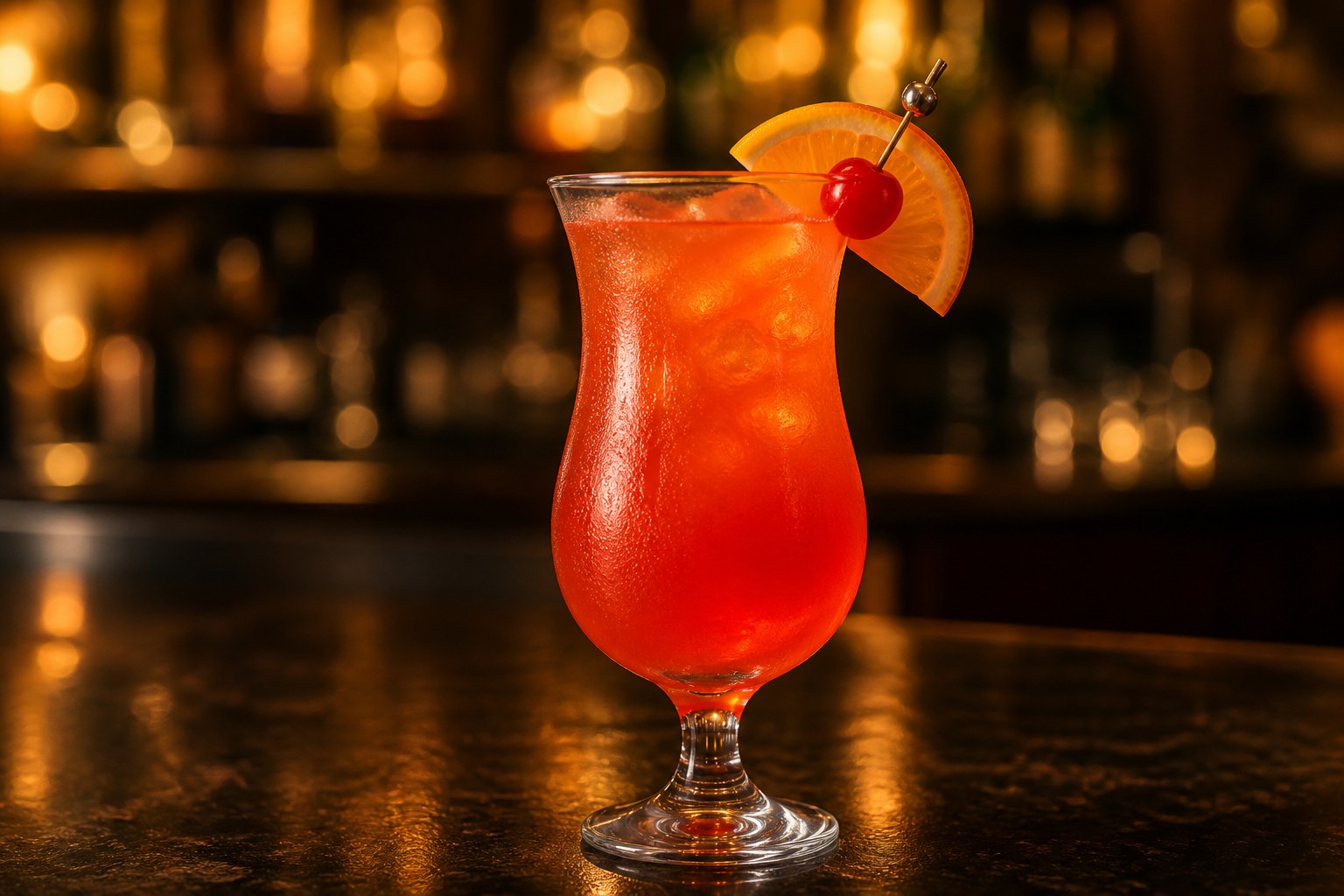 A Hurricane in the classic hurricane-lamp shaped glass, deep red-orange, garnished with an orange slice and a cherry