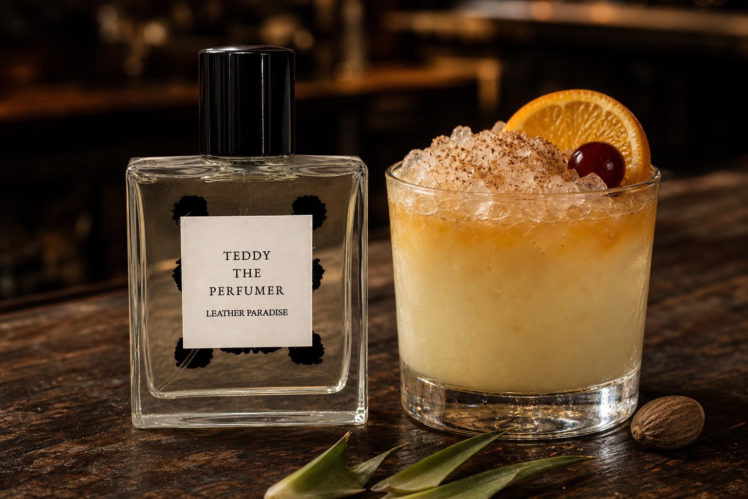 A Painkiller in a rocks glass with crushed ice and grated nutmeg, beside a bottle of Teddy The Perfumer Leather Paradise